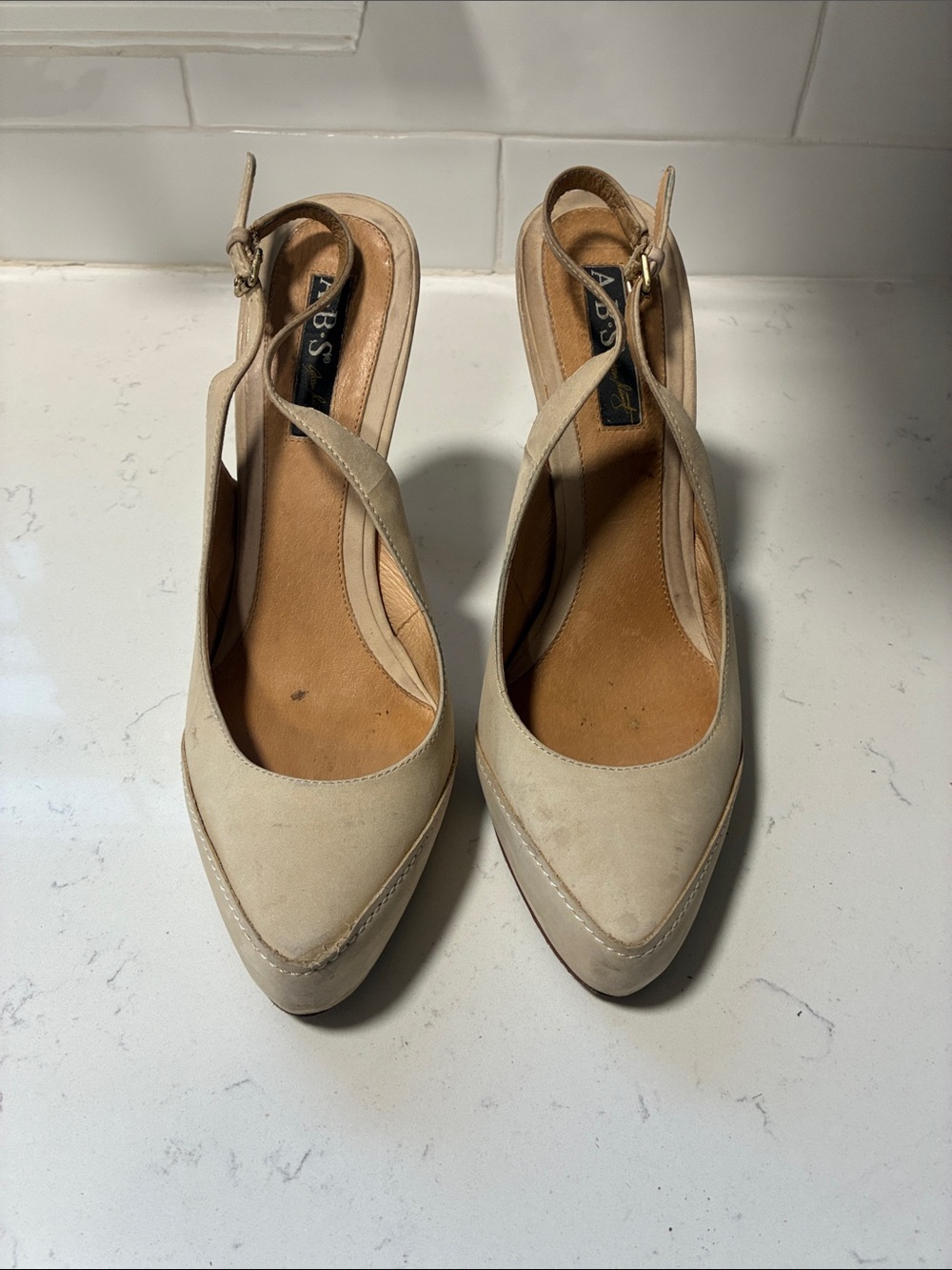 Neutral Beige Pointed-Toe Slingback Heels
